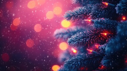 Snowy Christmas tree with lights on a festive, blurry background