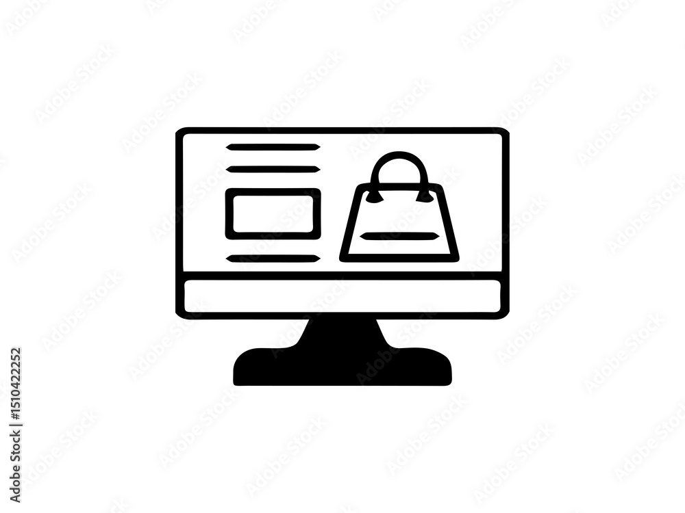 Poster the image shows a black line icon of a computer monitor displaying a webpage with a shopping bag sym