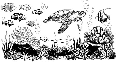Underwater scene with coral reefs and exotic fish.vector hand drawn sea turtle life elements
