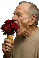 Elderly man eating roses from a cone, transparent background png
