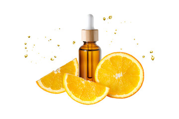 Amber bottle of face serum with vitamin C or essential oil and  orange slices with flying drops...