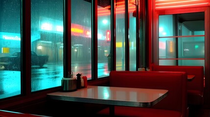 Neon-lit diner with rain on the window, evoking cinematic nostalgia and urban melancholy.