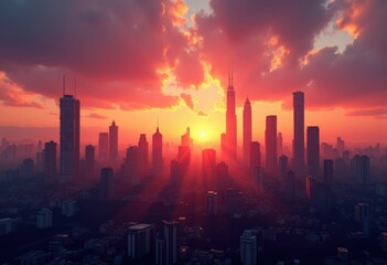 Fototapeta premium dramatic urban skyline silhouette sunset colors sky beautiful city view, clouds, eve, dusk, architecture, panorama, buildings, horizon, light, reflection