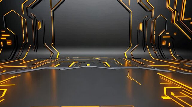 Futuristic Cyberpunk Corridor: Orange and Black Digital Design