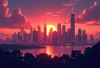 dynamic sunset city skyline silhouette vibrant reflections evening urban landscape, nightscape, buildings, lights, dusk, horizon, twilight, clouds, river