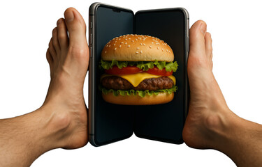 Feet flanking a cheeseburger displayed on phones, transparent background png