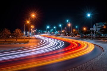 Motion blur from car taillights and headlights on a city road at night. Urban street with light trails showing transportation speed and movement.