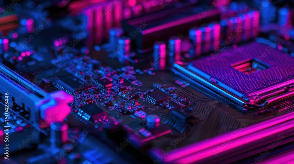 Poster close-up view of a vibrant computer motherboard showcasing intricate circuits and components