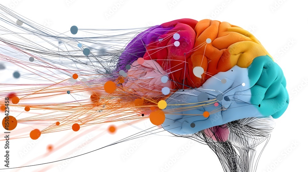 Poster colorful brain with neural data links, cognitive development concept