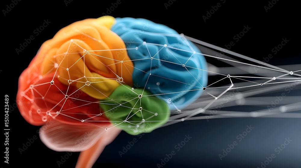 Poster colorful brain with neural data connections, representing cognitive development.