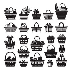 set of black Gift Baskets vector silhouettes isolated on white background 