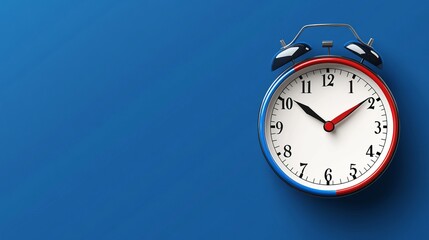 Stylized analog alarm clock with a white face, black hands, red second hand, and blue and red frame against a blue background