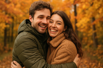 Fototapeta premium Couple embraces amidst fall leaves.
