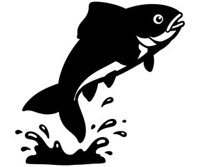 Silhouette illustration of a fish leaping out of the water with splashes beneath, showcasing dynamic motion and aquatic life in bold black-and-white vector style.