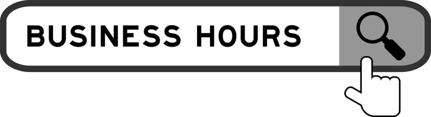 Search banner in word business hours with hand over magnifier icon on white background