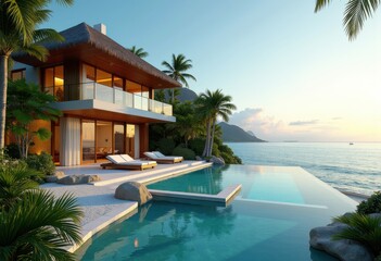 Fototapeta premium luxury beachfront villa stunning ocean horizon exquisite coastal landscape, water, sky, wave, shore, sunset, pool, patio, dock, deer, deck, umbrella, sand