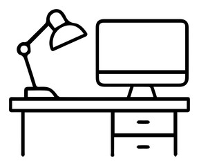 Minimalist Desk Setup: Computer, Lamp, and Drawers in Simple Line Art
