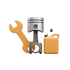 3D Illustration Wrench beside engine piston and oil can on isolated background