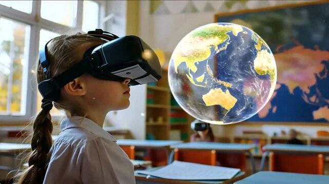VR learning Child explores Earth in a classroom with headset