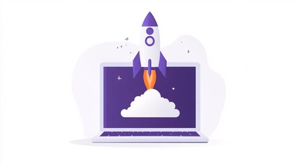 creative concept of a rocket launch emerging from a modern laptop, symbolizing innovation, startup growth, and the power of futuristic technology on a clean white background