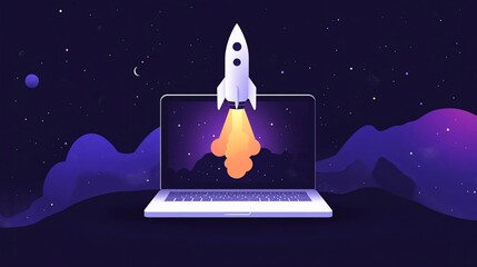 rocket launching from a laptop on a colorful dark background, symbolizing rapid technological progress and IT industry development