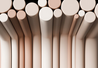 Abstract arrangement of cylindrical shapes in neutral tones, creating a visual texture. 3d render
