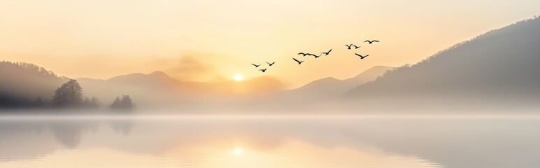 Fototapeta premium Flock of birds flying over serene landscape with ominous clouds in background, symbolizing global health threat and virus spread concept, chaos and nature.