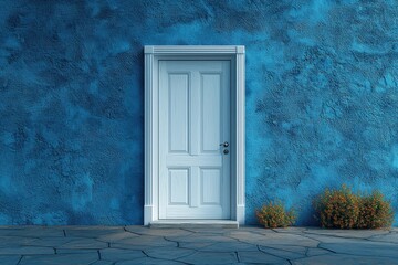 Elegant white door set against a textured vibrant blue wall