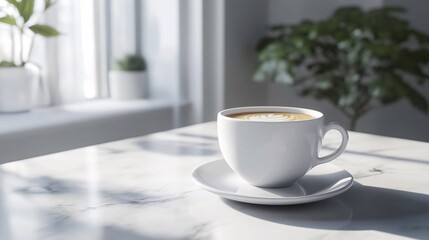 fresh morning cup of cappuccino in a white ceramic mug placed on a bright surface creating a relaxing mood and cozy lifestyle ambiance