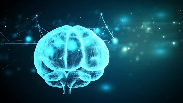Digital video of a translucent brain in bright blue, against a dark background with blue glowing dots and connected lines. This likely symbolizes scientific concepts like artificial intelligence.