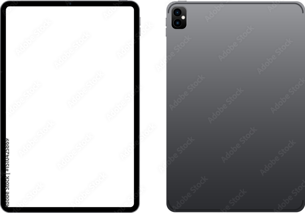 Poster realistic vector illustration of a modern tablet device, showing front with white screen. ideal for 