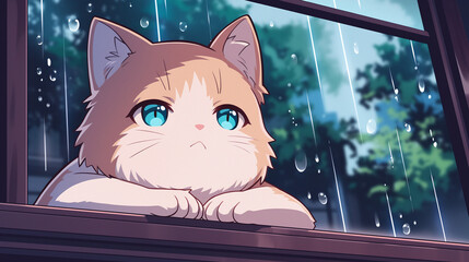 A Fluffy Cat Looking at the Rain