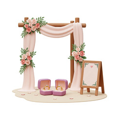 3D Illustration Wedding rings ceremony setup with floral arch and announcement board