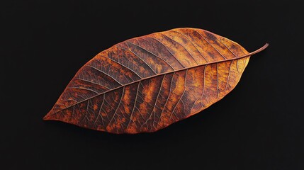 dry leaf with natural patterns placed on a black background, showcasing minimal botanical texture and autumn detail