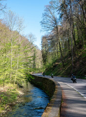 motorcycles on the road through the muellertal on sunny day in spring