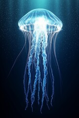 Close-up of a glowing jellyfish with bioluminescent tentacles against a dark, starry background, emphasizing minimalistic and luminous features
