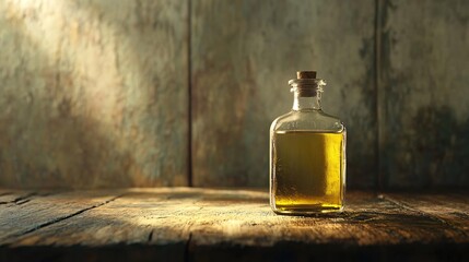glass bottle with wooden lid filled with soft yellow liquid placed on rustic wooden background, representing natural ayurvedic medicine and wellness concept with copy space