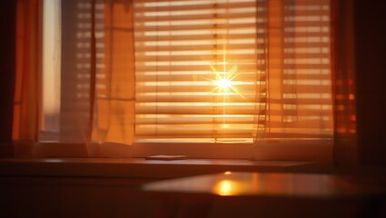 Golden Sunlight Through Window Blinds Casting Light and Shadow Patterns in Serene Indoor Vertical Scene