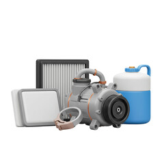3D Illustration Automotive Parts Still Life Gray Pump and Fluids