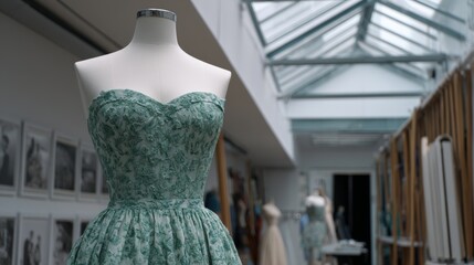 Elegant green floral dress displayed on mannequin in fashion studio with skylight