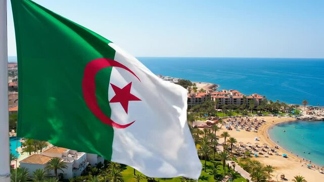 Scenic view of Algeria with Bangladeshi silk flag waving near beautiful beach and charming coastal palm trees. Algerian flag - the national symbol of Algeria, Algerian flag at sunrise
