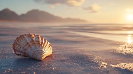 calm sunset beach with a seashell resting on soft sand, capturing a peaceful and relaxing seaside evening moment