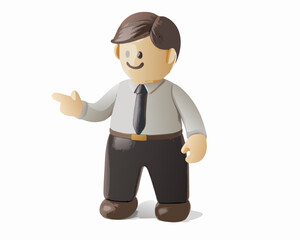 3D Render of a Cartoon Businessman Pointing to the Left

