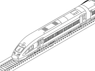 Isometric Line Art: High-Speed Train on Railroad Tracks, Vector Illustration for Transportation Designs.