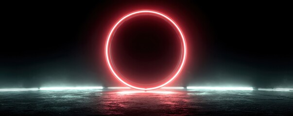 Red neon glowing circular light ring on reflective black surface