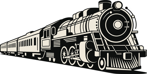 Vintage Steam Train Illustration: Black and Beige, Retro Railway Engine and Carriages.