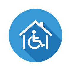 Vector Illustration of a White Silhouette of a Person in a Wheelchair Inside the Outline of a House with a Roof, Set Against a Blue Circular Background with a Long Shadow, Representing Home Healthcare