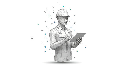 Man engineer or technician in a hard hat holding a digital tablet. Industrial worker using modern technology for smart industry.