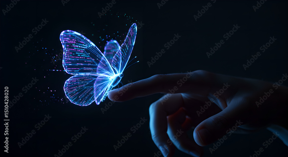 Aufkleber hand touching glowing digital data butterfly on dark background. futuristic technology connect with 