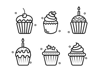 vector black outline cupcake set